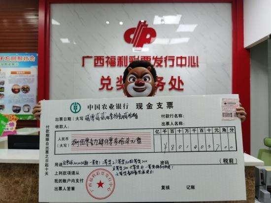 图为王先生(化姓)手持中奖彩票与奖金支票合影